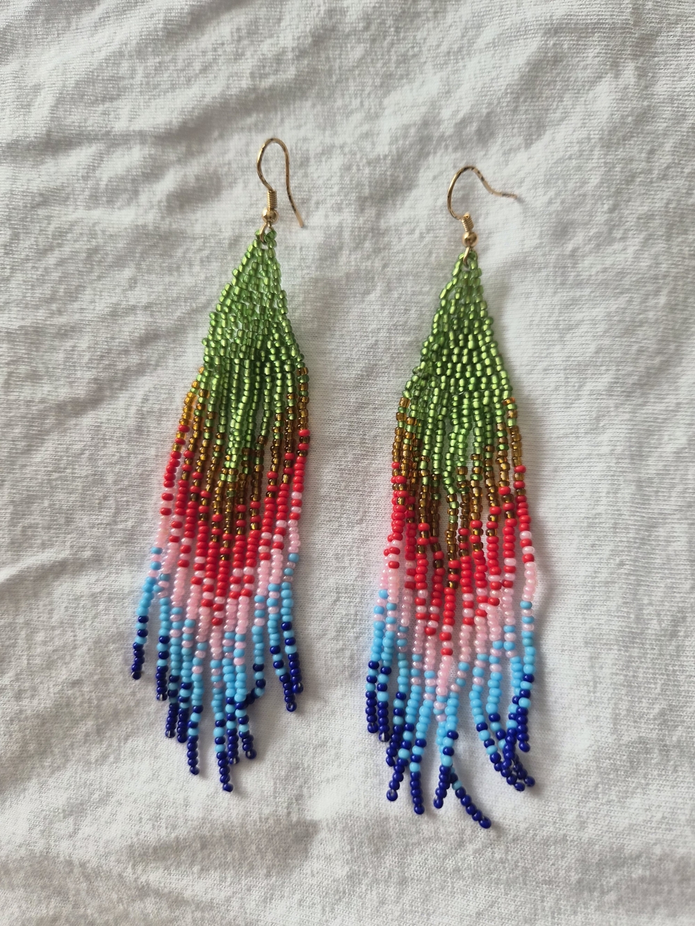 Multicolor Seed Bead Fringe Earrings — Green, Pink & Blue